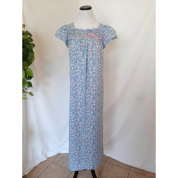 Vtg Blue Floral Smocked Prairie Cottagecore House Dress Embroidered Night Dress - Picture 2 of 8
